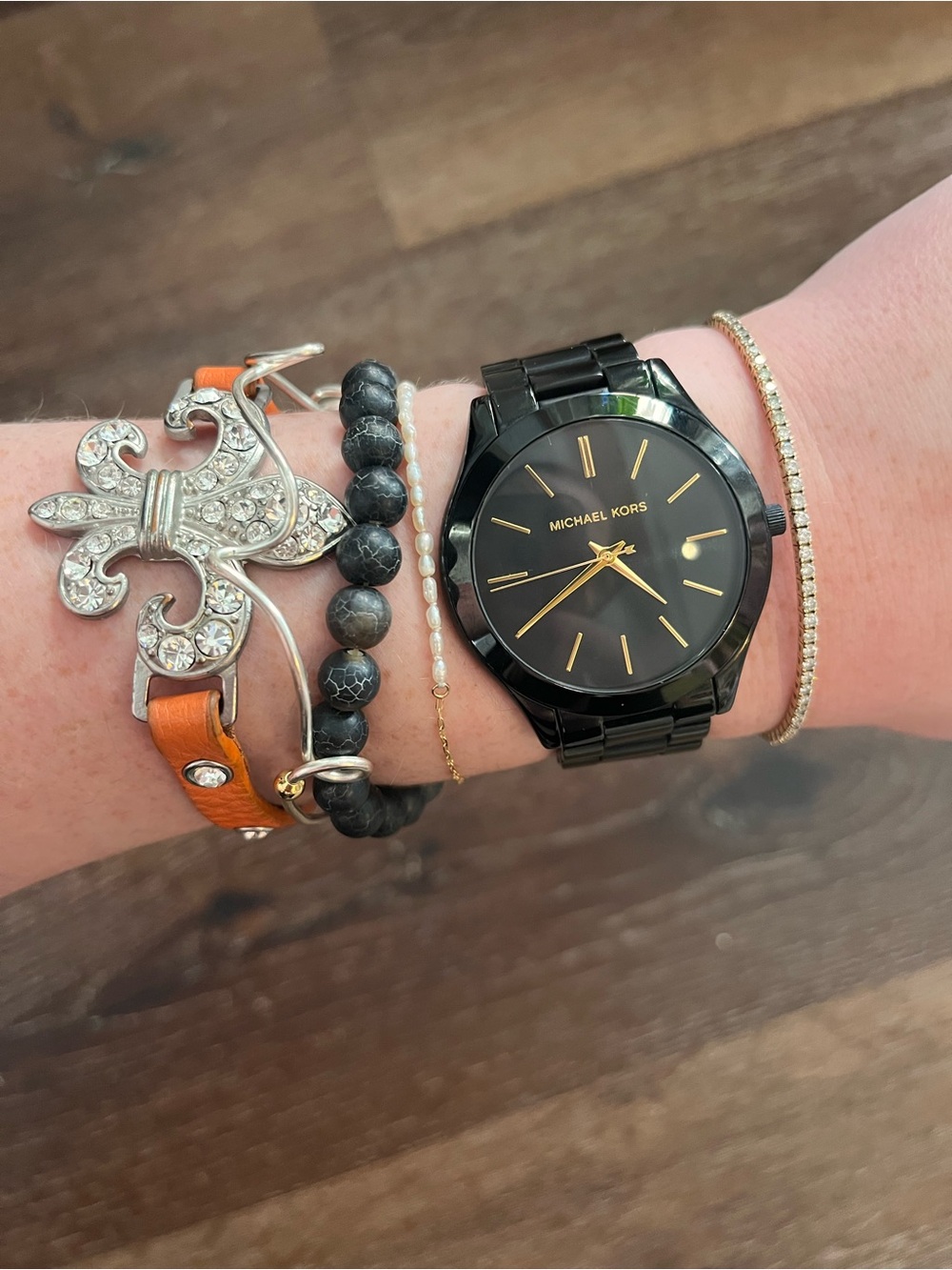 Orange Crystal Fleur-de-Lis Leather Bracelet